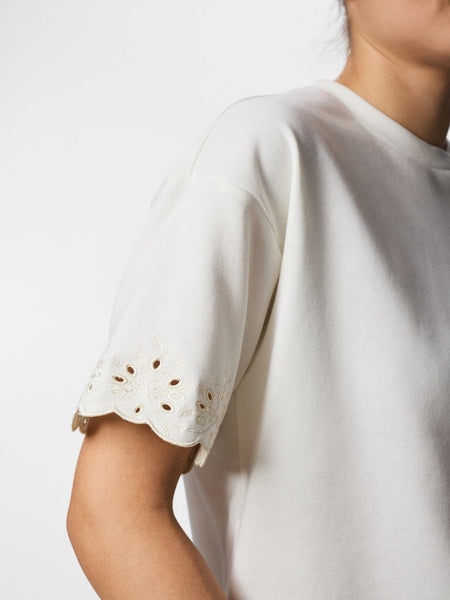 PIECES Short Sleeve Broderie Anglaise Detail Sweatshirt in Off White