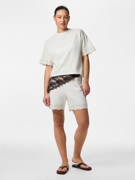 PIECES Short Sleeve Broderie Anglaise Detail Sweatshirt in Off White
