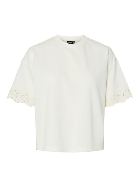 PIECES Short Sleeve Broderie Anglaise Detail Sweatshirt in Off White