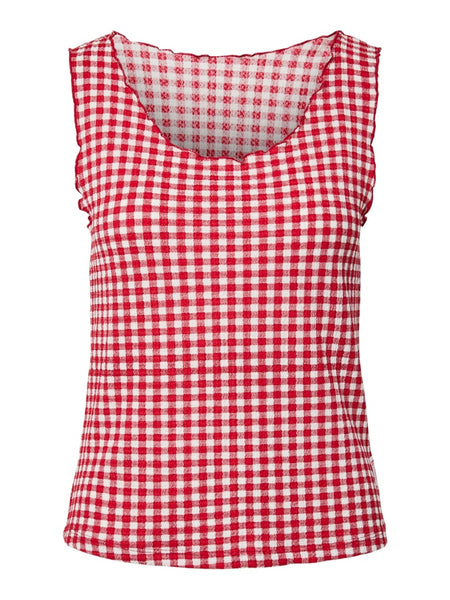 PIECES Sleeveless Checked Reversible Top in Red