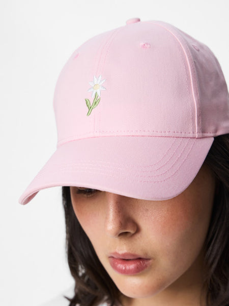 PIECES Embroidered Flower Cap in Pink