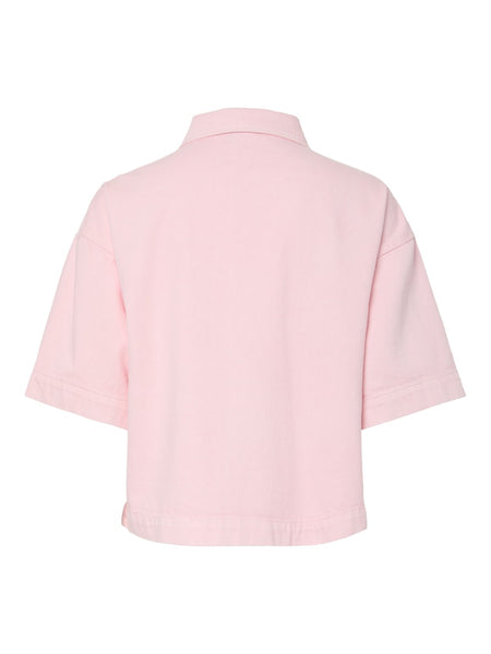 PIECES Short Sleeve Denim Shirt in Pink