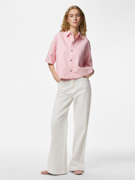 PIECES Short Sleeve Denim Shirt in Pink