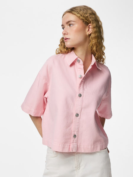 PIECES Short Sleeve Denim Shirt in Pink