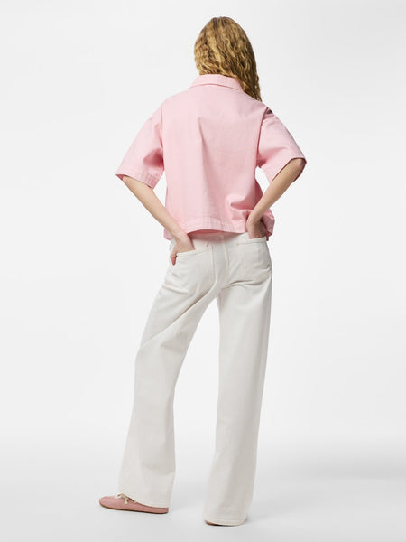 PIECES Short Sleeve Denim Shirt in Pink
