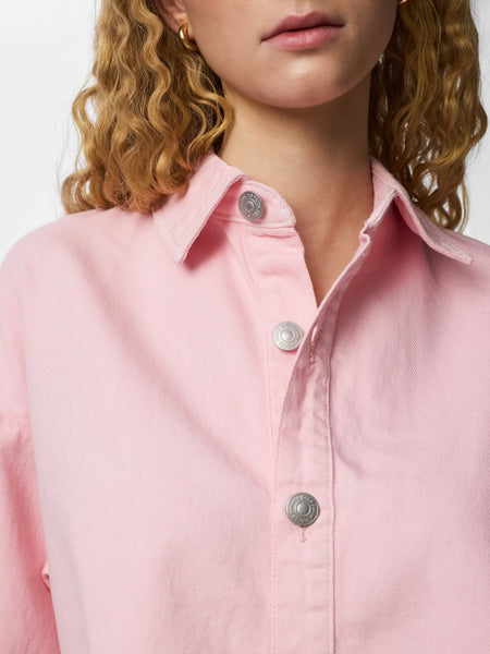PIECES Short Sleeve Denim Shirt in Pink