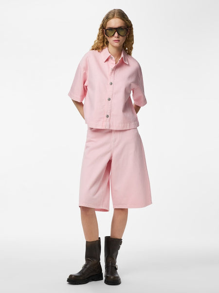 PIECES Short Sleeve Denim Shirt in Pink