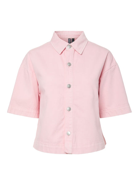 PIECES Short Sleeve Denim Shirt in Pink