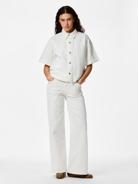 PIECES Short Sleeve Denim Shirt in White