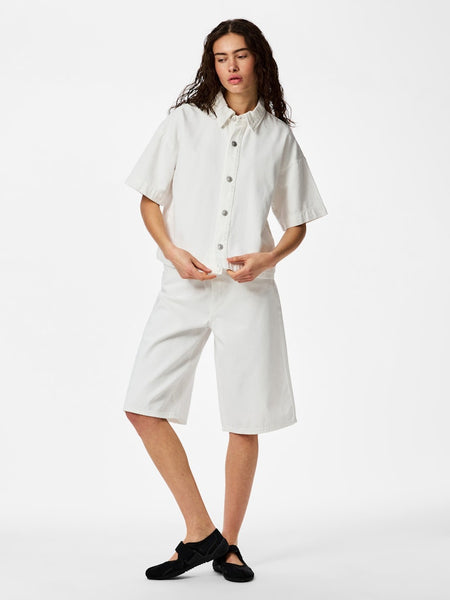 PIECES Short Sleeve Denim Shirt in White