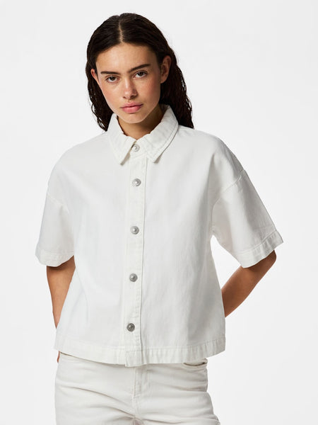 PIECES Short Sleeve Denim Shirt in White