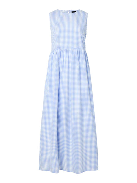 PIECES Checked Sleeveless Ankle Dress in Blue
