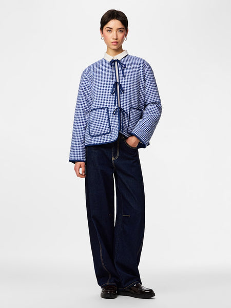 PIECES Checked Quilted Tie Jacket in Navy