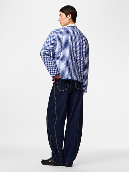 PIECES Checked Quilted Tie Jacket in Navy