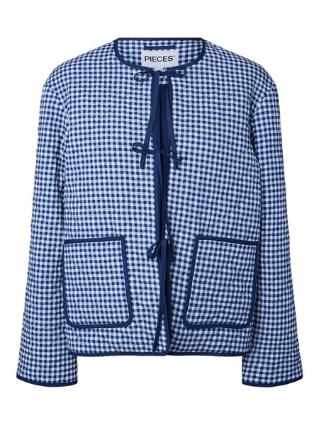 PIECES Checked Quilted Tie Jacket in Navy