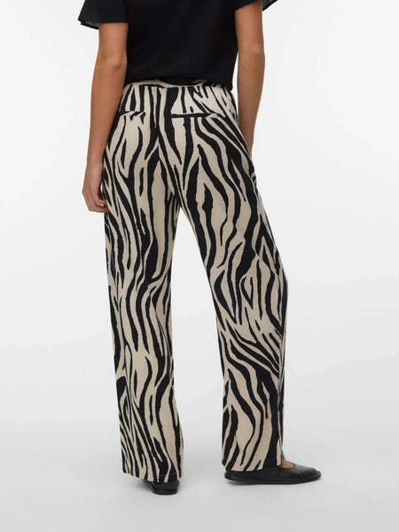 VERO MODA Zebra Print Wide Leg Linen Blend Trousers in Beige