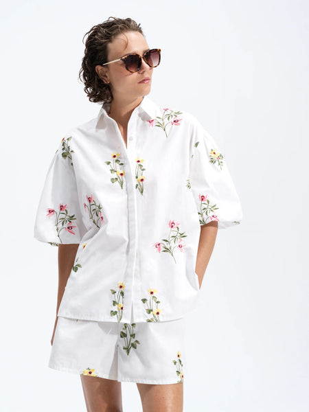 French Connection Cambria Cotton Floral Embroidered Puff Sleeve Shirt in White
