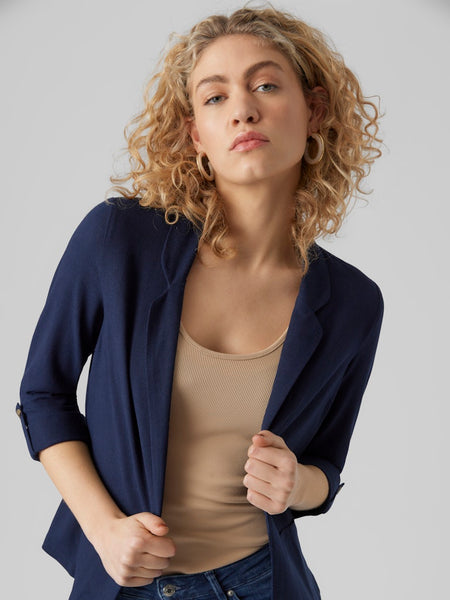 VERO MODA 3/4 Sleeve Linen Blend Blazer in Navy