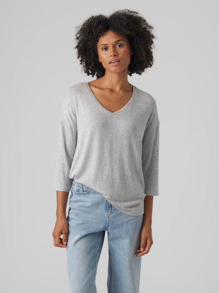 Vero Moda 3/4 Sleeve V-Neck Pullover in Light Grey