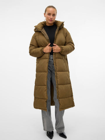 Vero Moda Long Padded Coat With Hood in Khaki