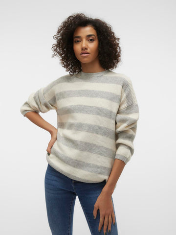 Vero Moda Striped O-Neck Knit Jumper in Light Grey