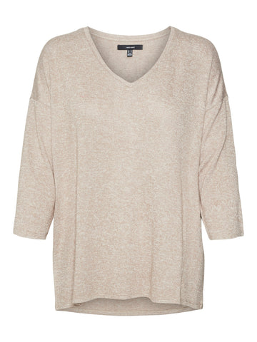 Vero Moda 3/4 Sleeve V-Neck Pullover in Beige