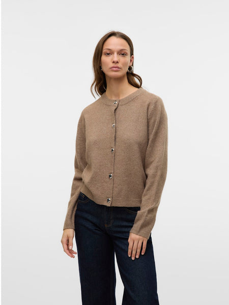 Vero Moda Short Heart Button Cardigan in Brown