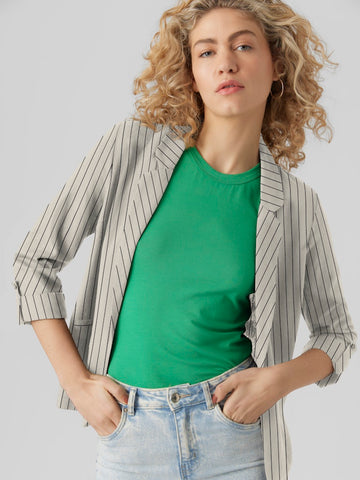 Vero Moda Linen Blend Striped 3/4 Sleeve Blazer in Beige