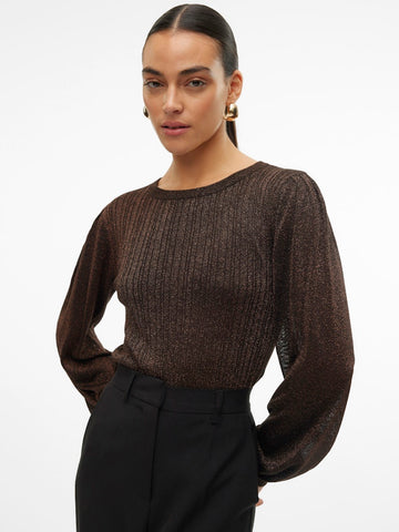 Vero Moda Knitted Lurex O-Neck Top in Brown