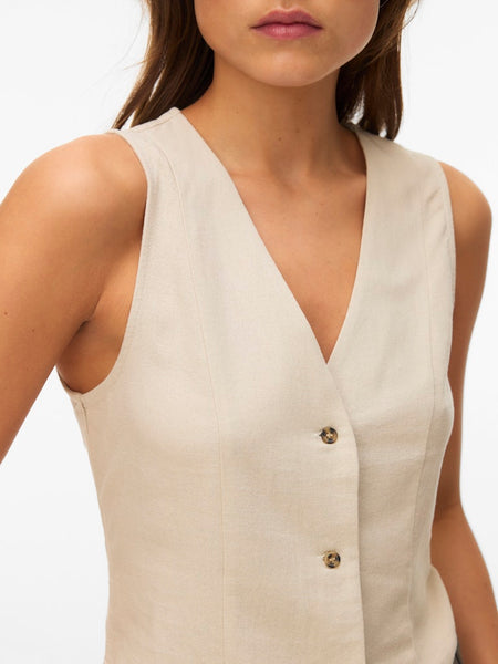 VERO MODA Linen Blend Waistcoat in Beige