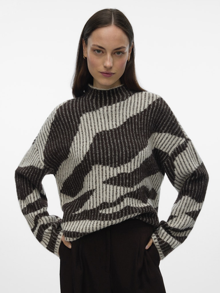 VERO MODA Patterned High Neck Ribbed Jumper in Cream