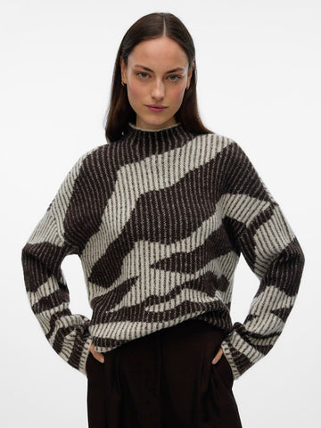 VERO MODA Patterned High Neck Ribbed Jumper in Cream