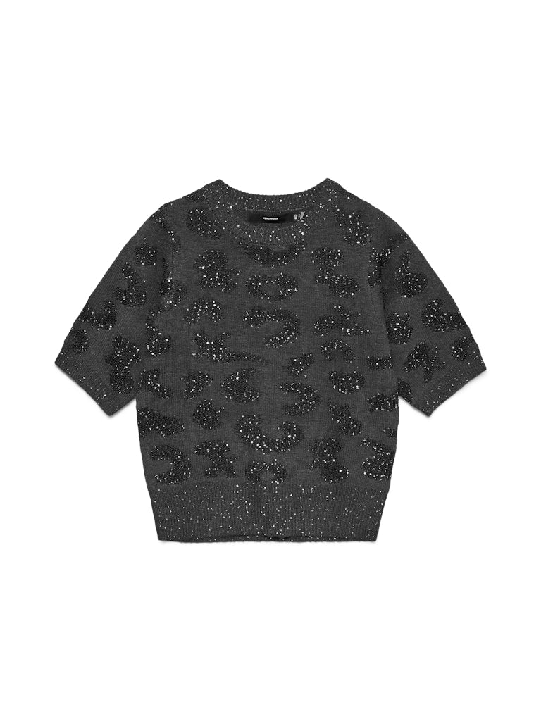 VERO MODA Leopard 2/4 Sleeve Sequin Jumper in Dark Grey