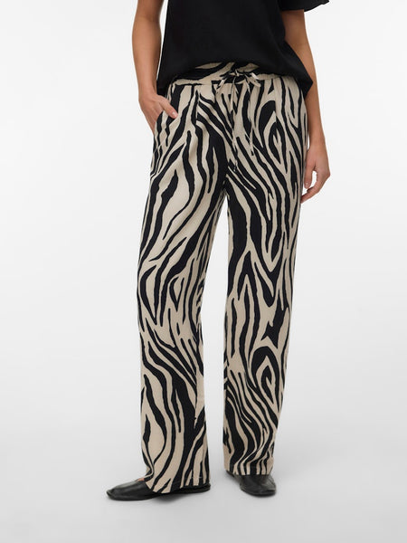 VERO MODA Zebra Print Wide Leg Linen Blend Trousers in Beige