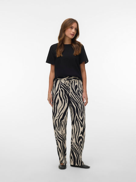 VERO MODA Zebra Print Wide Leg Linen Blend Trousers in Beige
