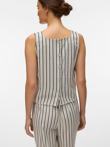 VERO MODA Striped Sleeveless Linen Blend Top in Beige