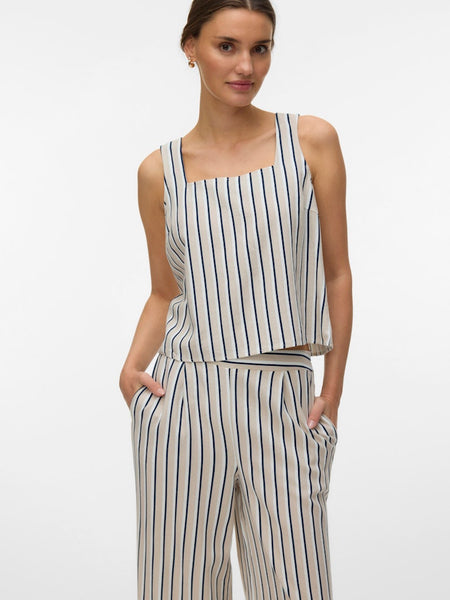 VERO MODA Striped Sleeveless Linen Blend Top in Beige