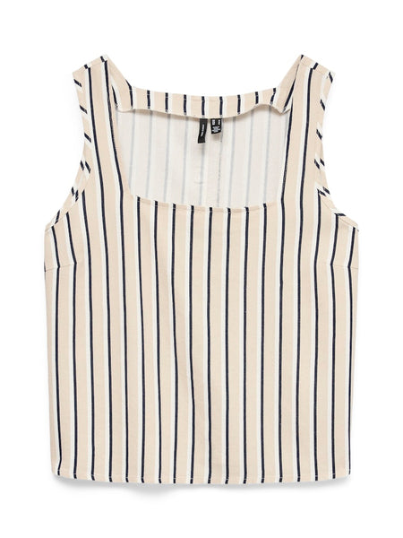 VERO MODA Striped Sleeveless Linen Blend Top in Beige
