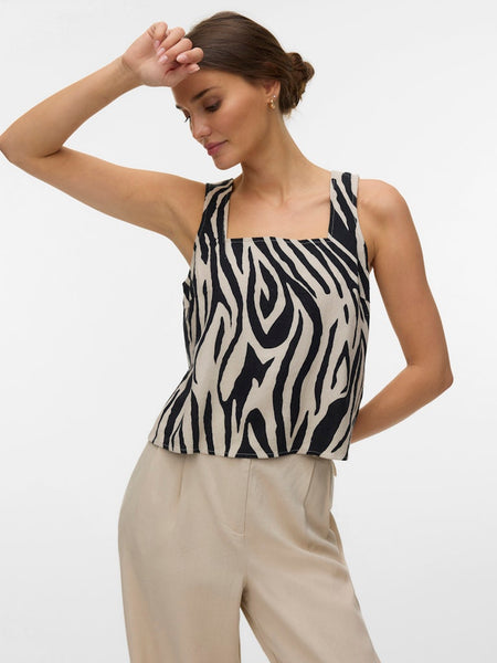 VERO MODA Zebra Print Sleeveless Linen Blend Top in Beige