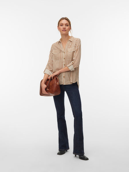 VERO MODA Striped V-Neck Shirt in Camel
