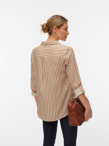 VERO MODA Striped V-Neck Shirt in Camel