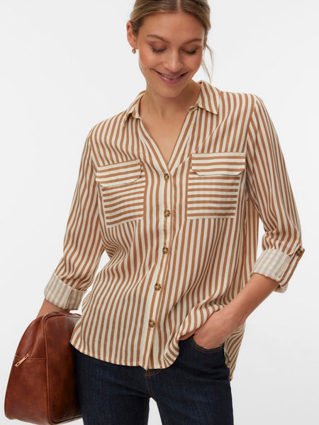 VERO MODA Striped V-Neck Shirt in Camel