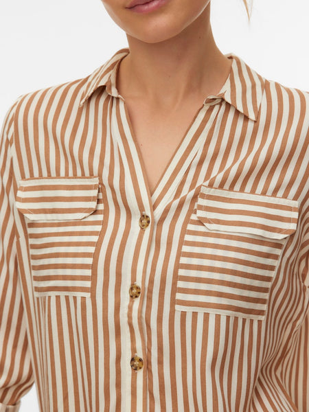 VERO MODA Striped V-Neck Shirt in Camel