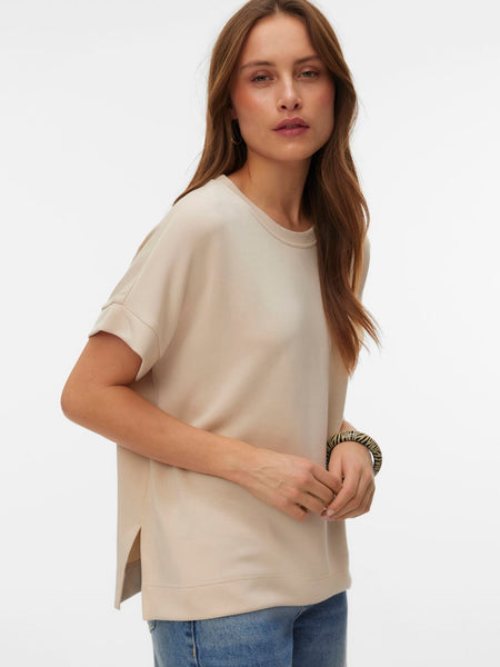 VERO MODA Short Sleeve O-Neck Top in Beige