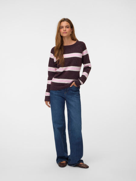 VERO MODA Striped O-Neck Knit Jumper in Burgundy