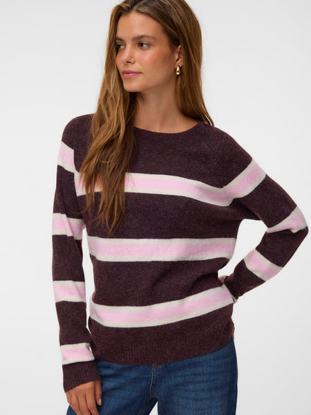 VERO MODA Striped O-Neck Knit Jumper in Burgundy