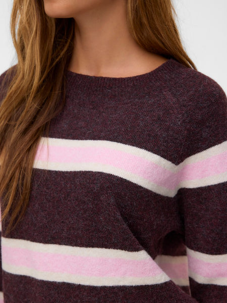 VERO MODA Striped O-Neck Knit Jumper in Burgundy