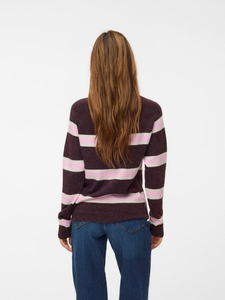 VERO MODA Striped O-Neck Knit Jumper in Burgundy