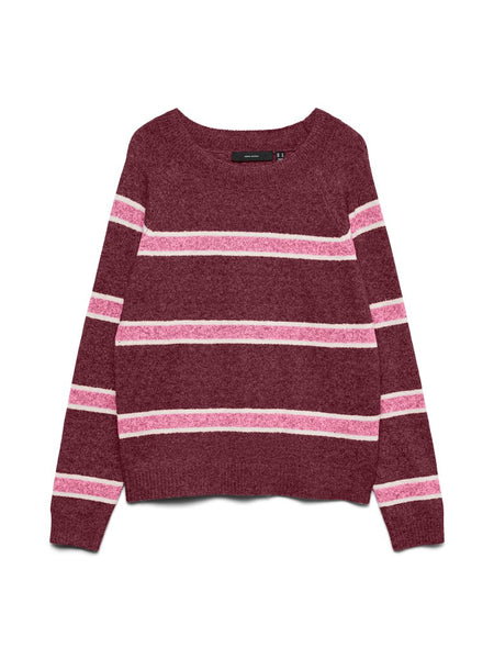 VERO MODA Striped O-Neck Knit Jumper in Burgundy