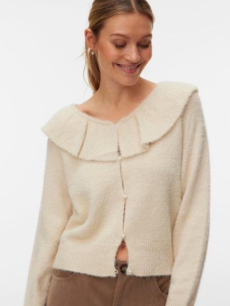 VERO MODA Ruffle Detail Knit Cardigan in Cream